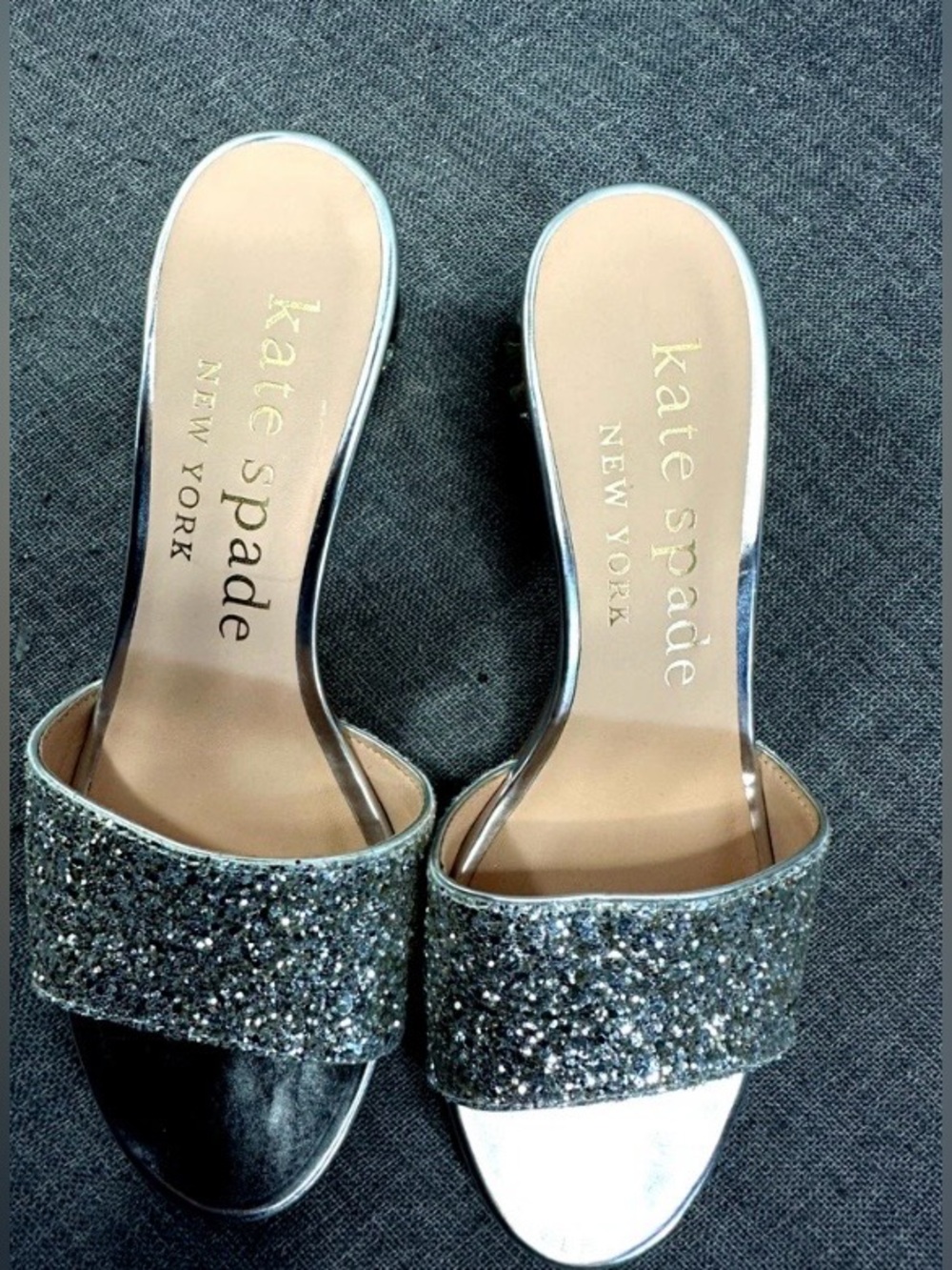 Kate Spade Silver Glitter New York Globe Slide Heels - Picture 3 of 10